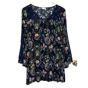 Entro Anthropologie Tunic sz S V Neck Trumpet Sleeve Dark Floral Fairy Lace